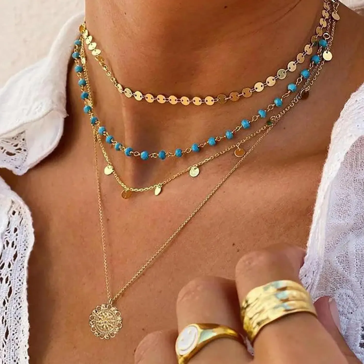 Layered Western Necklaces for Women Western Boho Necklaces Country Necklaces Trendy Gold Layered Necklaces Turquoise Choker Round Disc Pendant Necklace Country Concert Jewelry Accessories