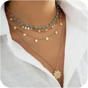 Layered Western Necklaces for Women Western Boho Necklaces Country Necklaces Trendy Gold Layered Necklaces Turquoise Choker Round Disc Pendant Necklace Country Concert Jewelry Accessories