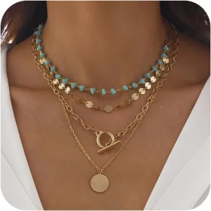 Layered Western Necklaces for Women Western Boho Necklaces Country Necklaces Trendy Gold Layered Necklaces Turquoise Choker Round Disc Pendant Necklace Country Concert Jewelry Accessories