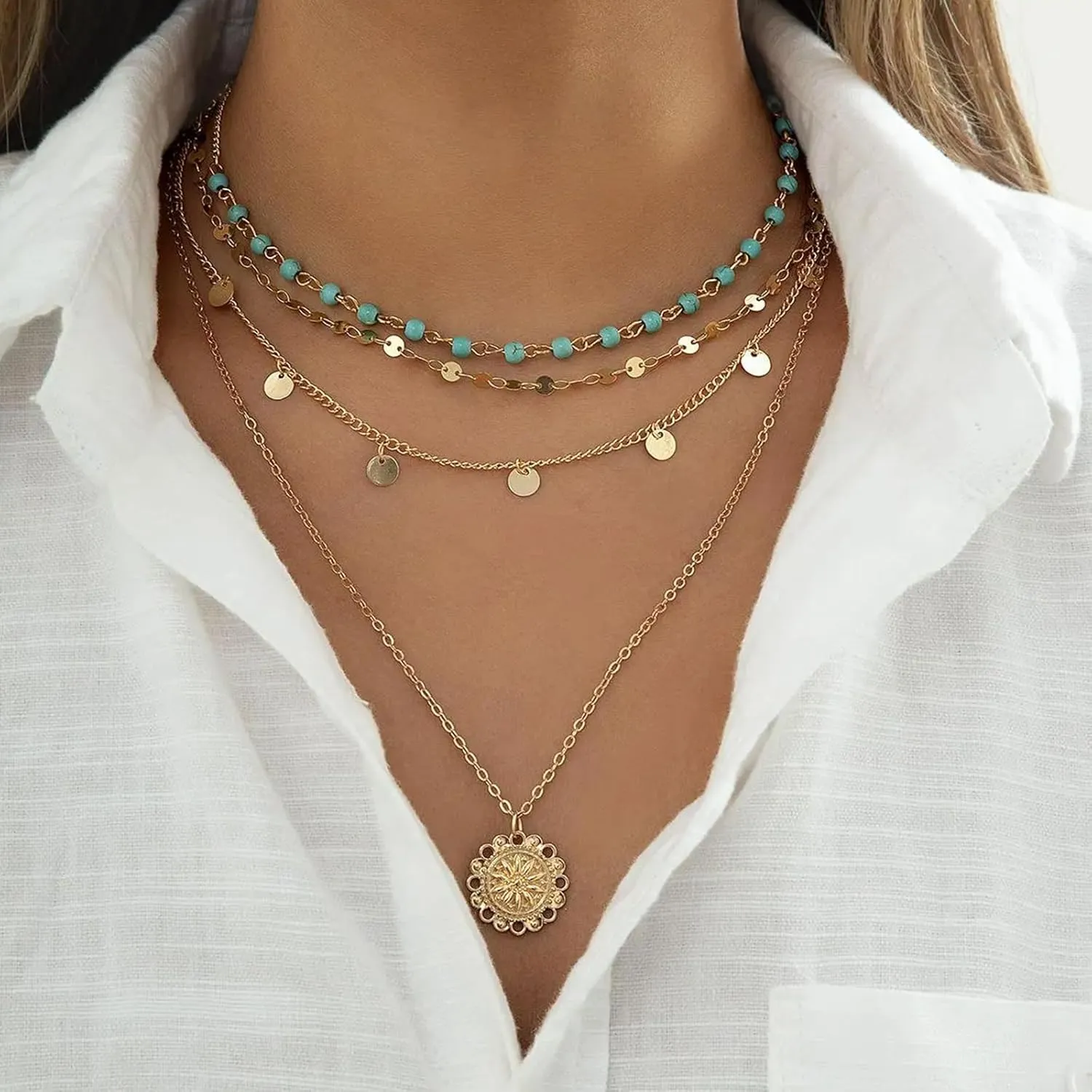 Layered Western Necklaces for Women Western Boho Necklaces Country Necklaces Trendy Gold Layered Necklaces Turquoise Choker Round Disc Pendant Necklace Country Concert Jewelry Accessories