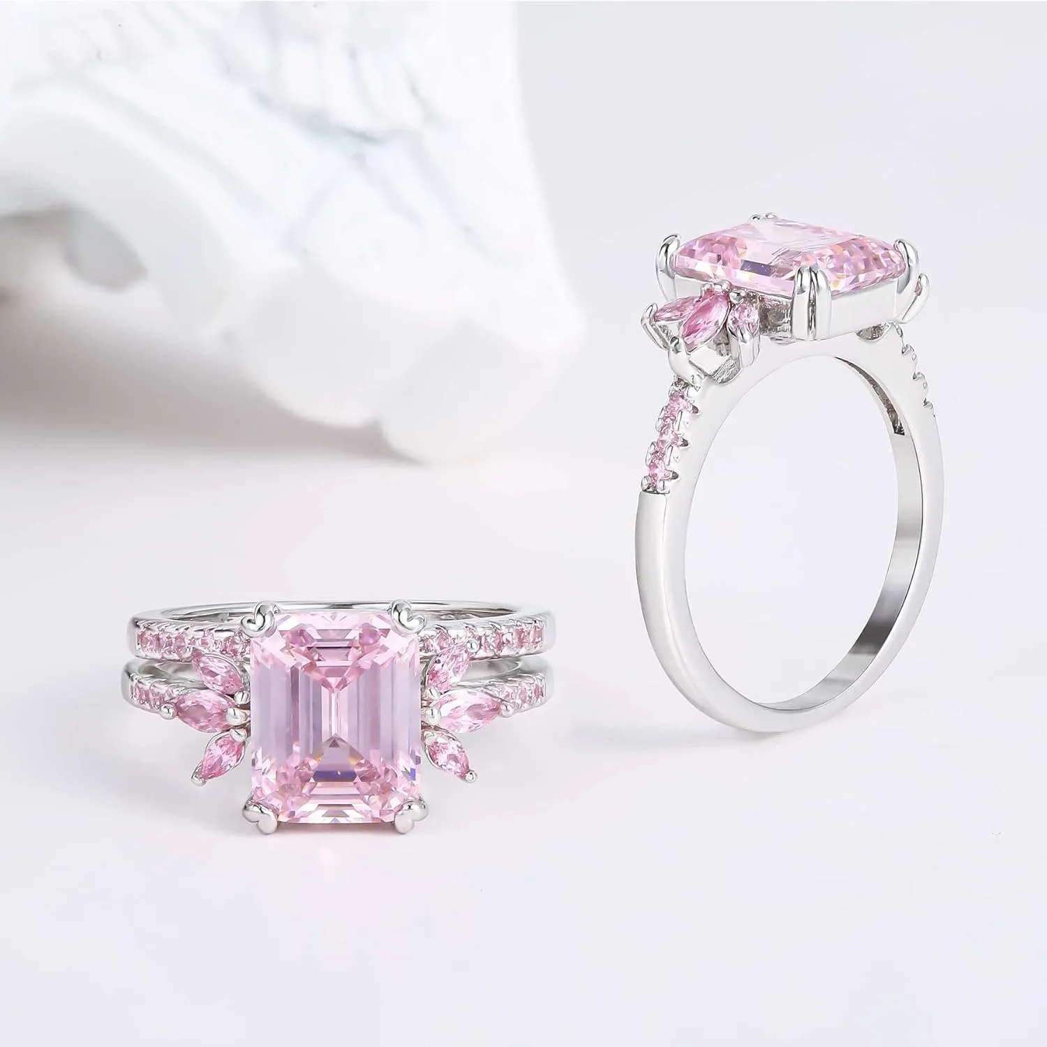 LAZLUVU Classic Cubic Zirconia Engagement Rings Square Pink Stone Bridal Set Promise Ring Jewelry Gift For Women Wedding Anniversary