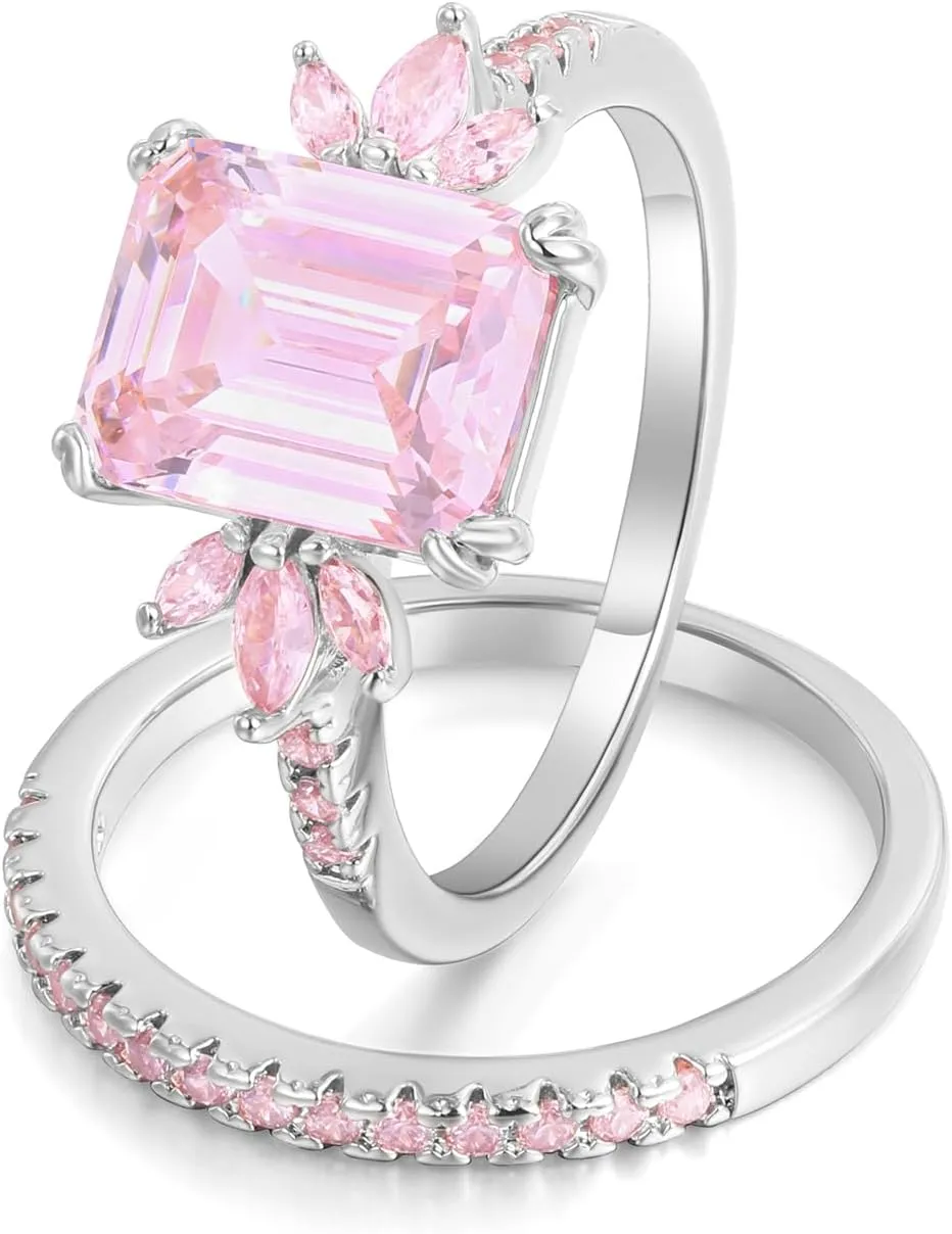 LAZLUVU Classic Cubic Zirconia Engagement Rings Square Pink Stone Bridal Set Promise Ring Jewelry Gift For Women Wedding Anniversary