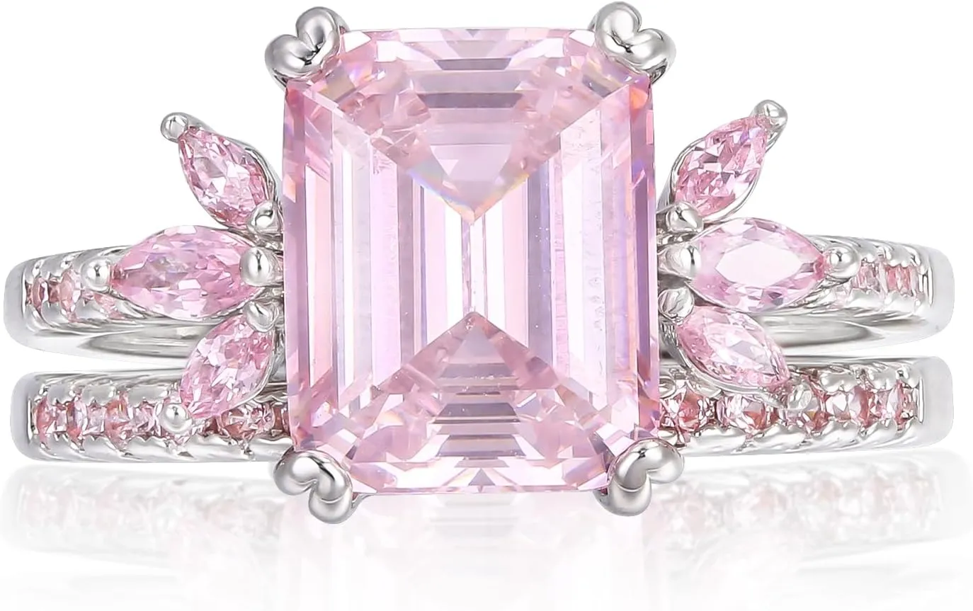LAZLUVU Classic Cubic Zirconia Engagement Rings Square Pink Stone Bridal Set Promise Ring Jewelry Gift For Women Wedding Anniversary