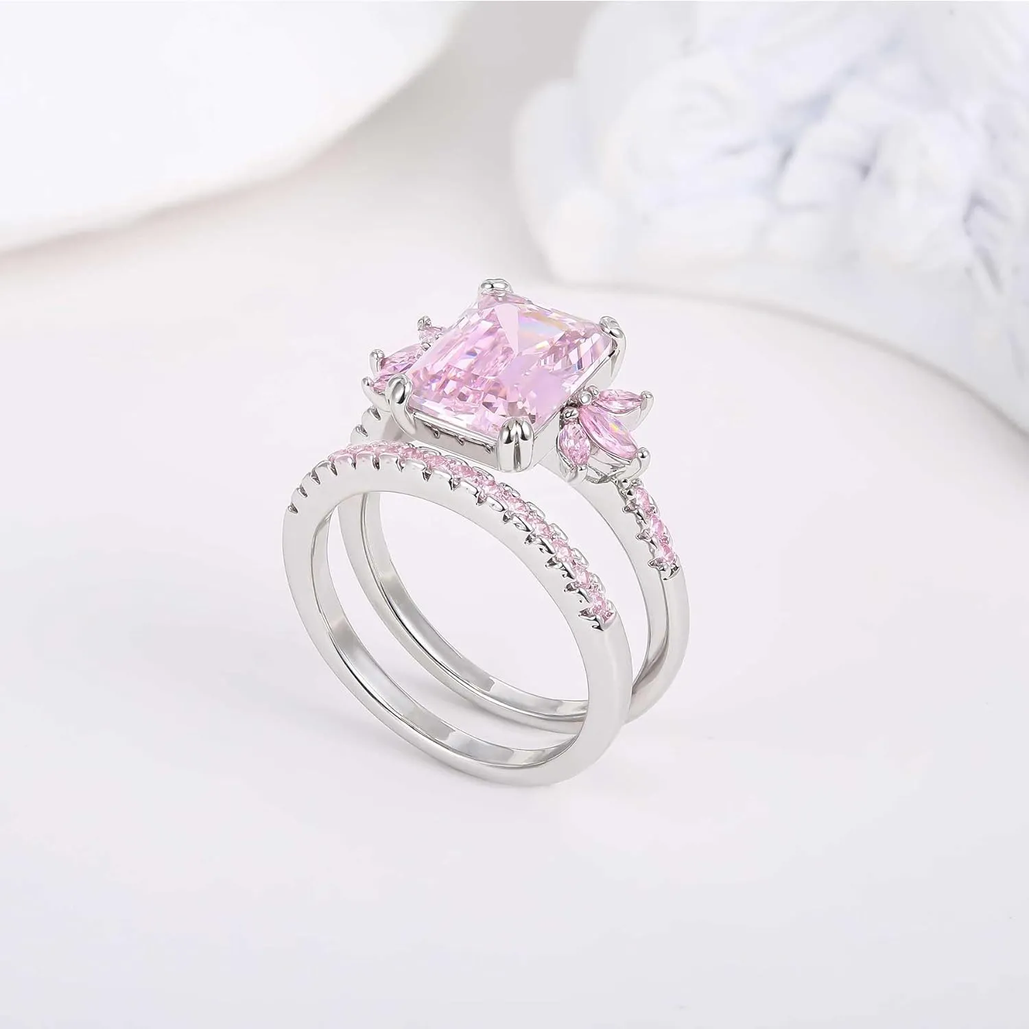 LAZLUVU Classic Cubic Zirconia Engagement Rings Square Pink Stone Bridal Set Promise Ring Jewelry Gift For Women Wedding Anniversary