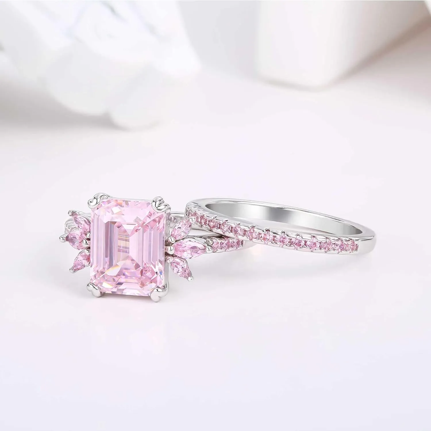 LAZLUVU Classic Cubic Zirconia Engagement Rings Square Pink Stone Bridal Set Promise Ring Jewelry Gift For Women Wedding Anniversary