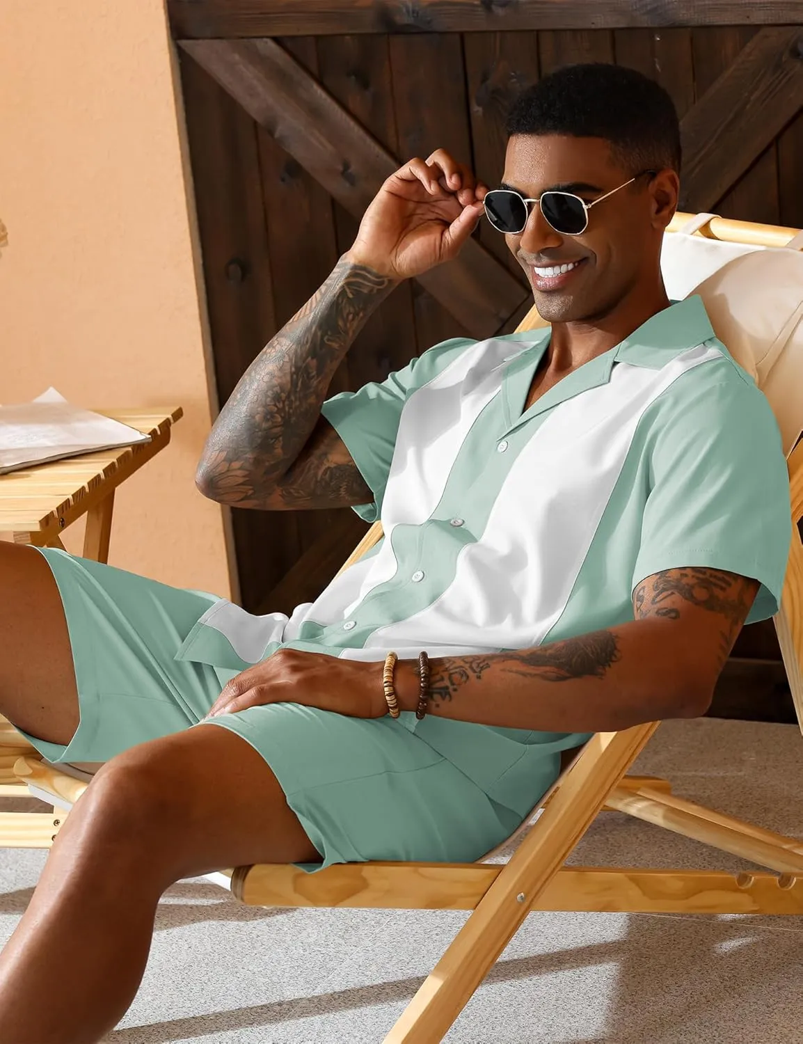 LecGee Men's 2 Piece Vintage Bowling Shirt 1950S Retro Short Sleeve Button Down Shorts Set Summer Outfits Set