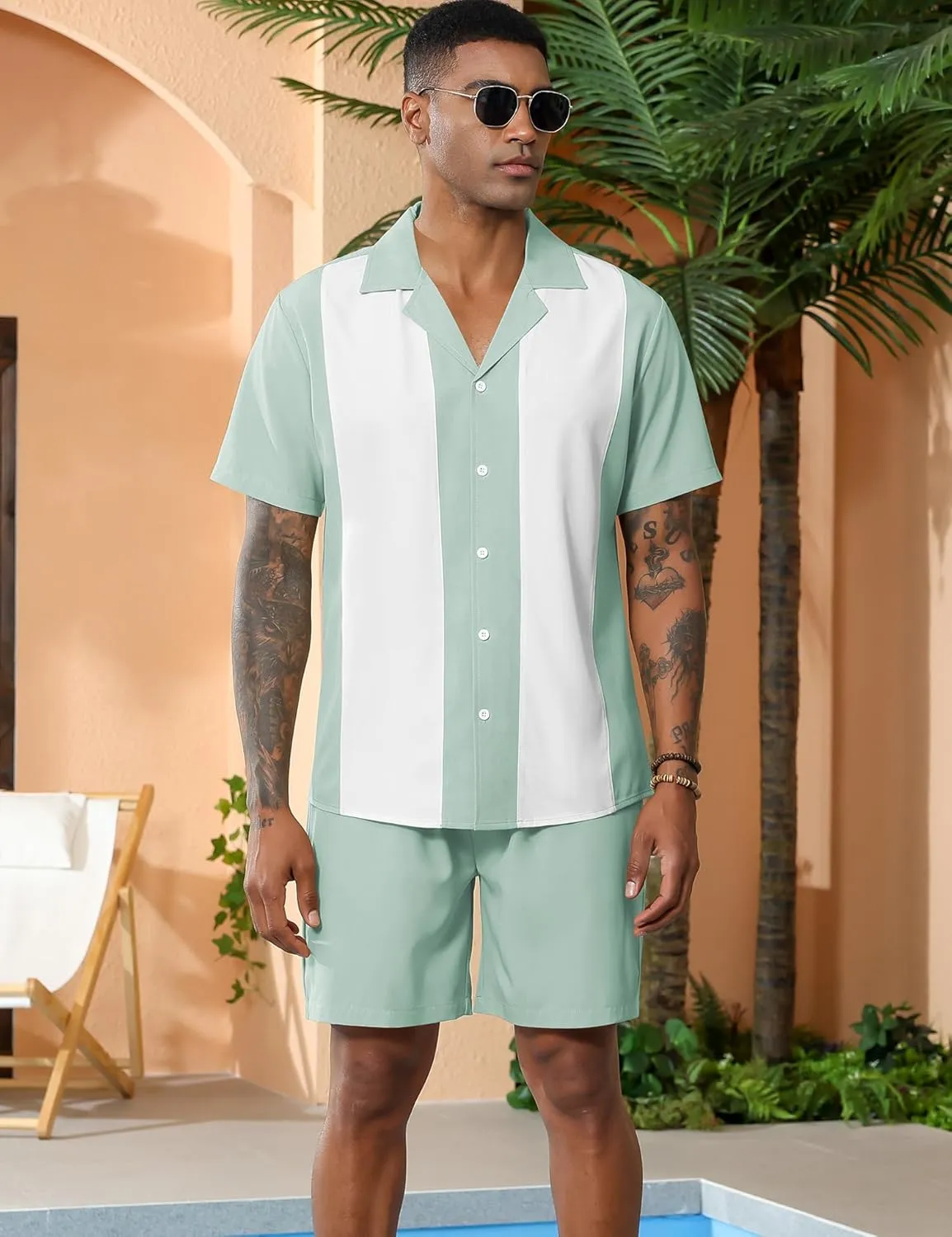 LecGee Men's 2 Piece Vintage Bowling Shirt 1950S Retro Short Sleeve Button Down Shorts Set Summer Outfits Set