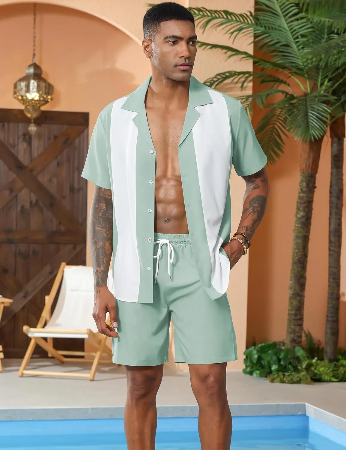 LecGee Men's 2 Piece Vintage Bowling Shirt 1950S Retro Short Sleeve Button Down Shorts Set Summer Outfits Set