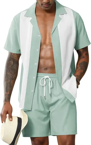 LecGee Men's 2 Piece Vintage Bowling Shirt 1950S Retro Short Sleeve Button Down Shorts Set Summer Outfits Set