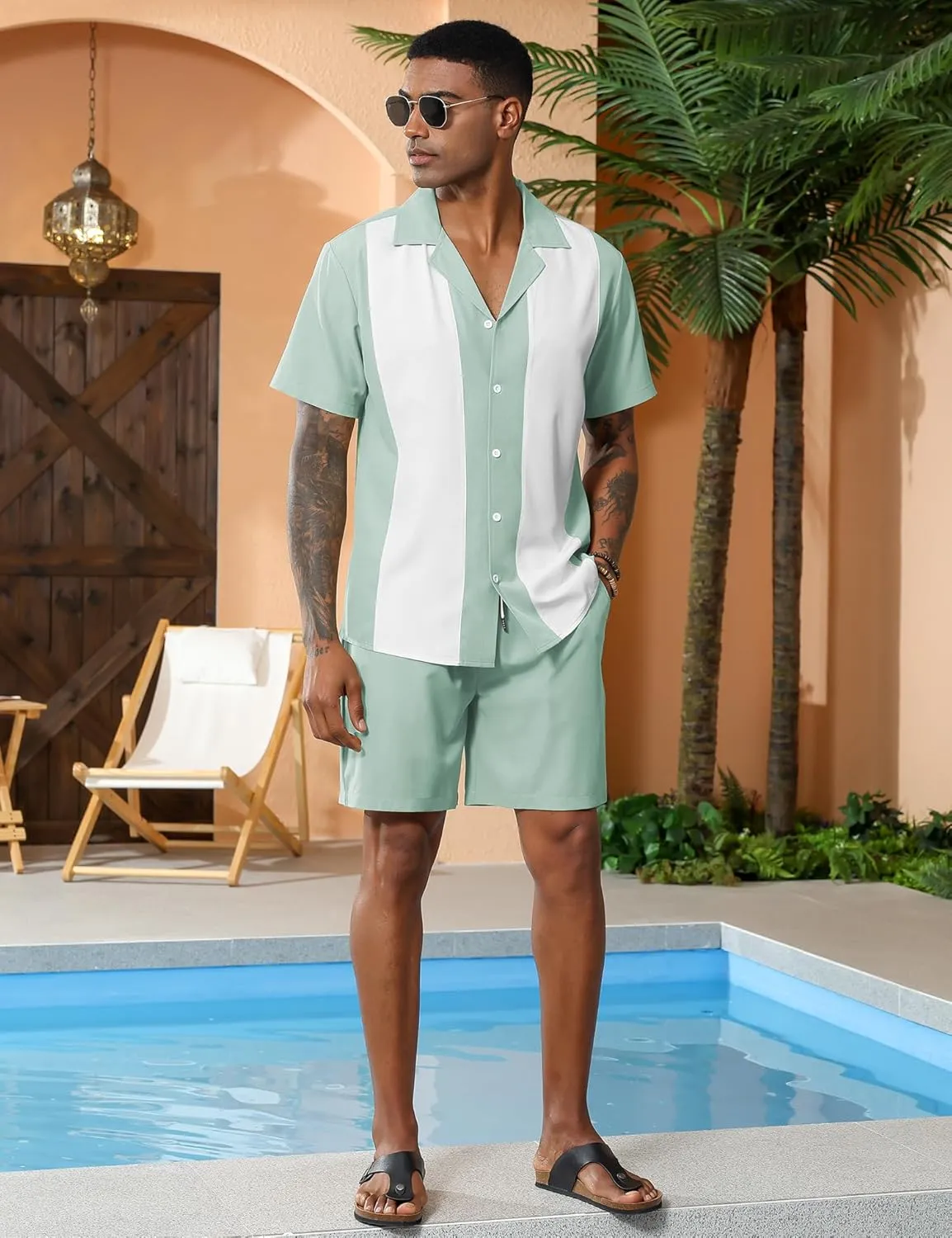 LecGee Men's 2 Piece Vintage Bowling Shirt 1950S Retro Short Sleeve Button Down Shorts Set Summer Outfits Set