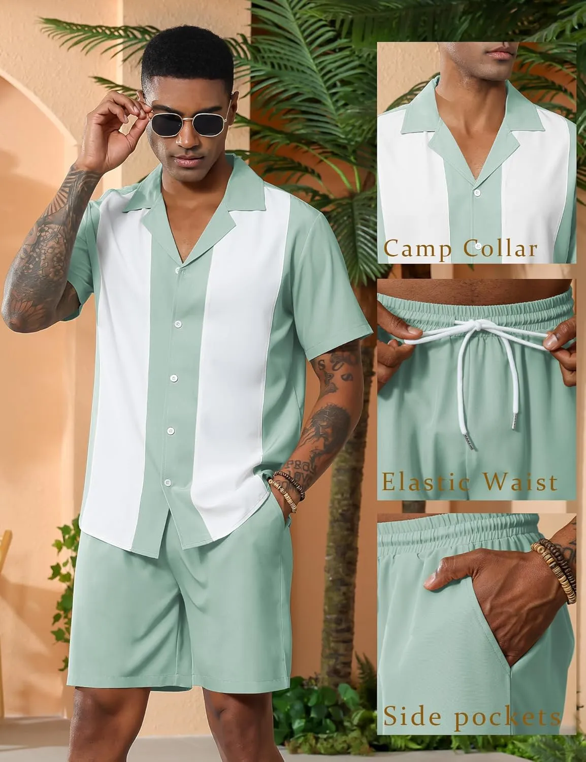 LecGee Men's 2 Piece Vintage Bowling Shirt 1950S Retro Short Sleeve Button Down Shorts Set Summer Outfits Set