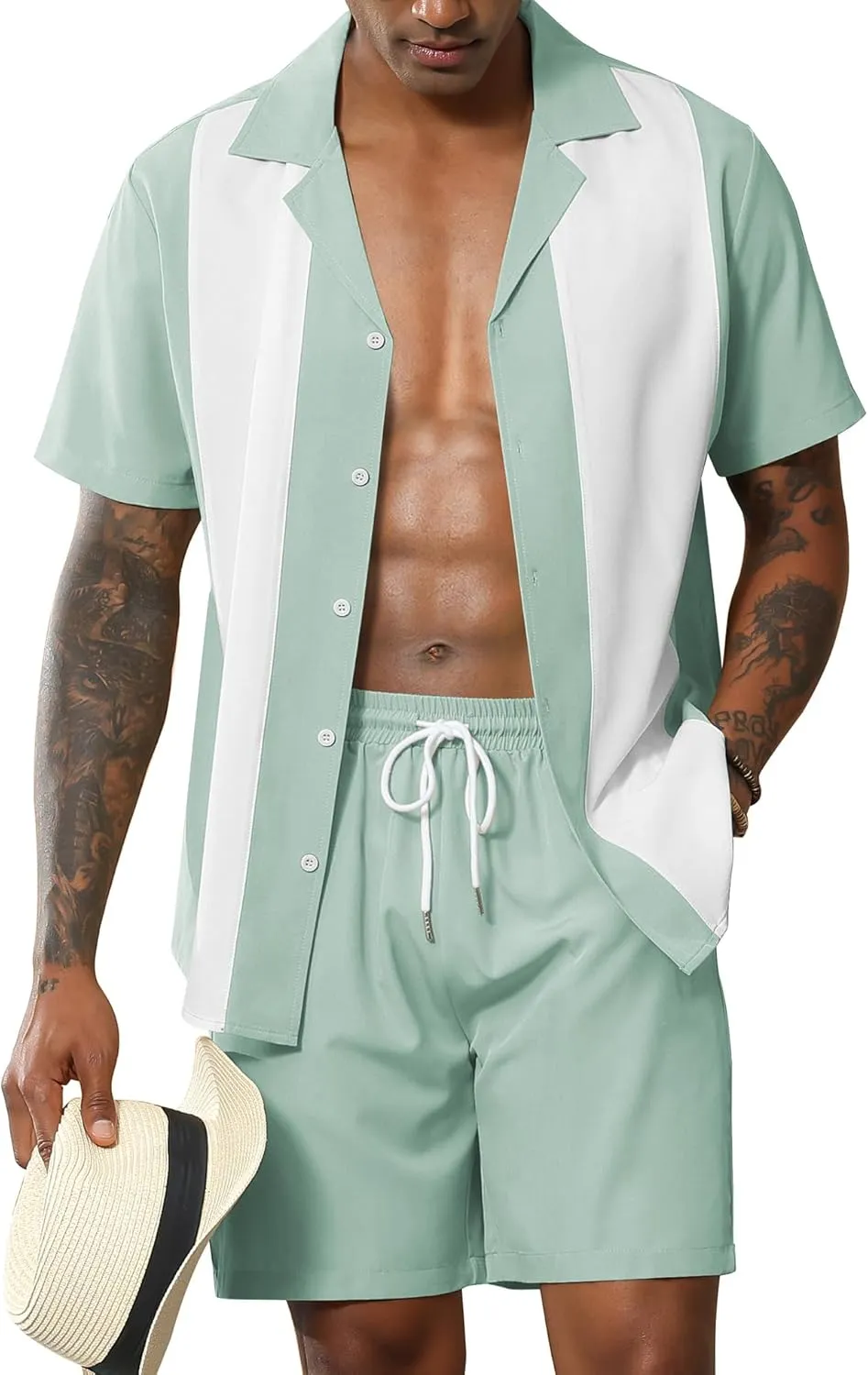 LecGee Men's 2 Piece Vintage Bowling Shirt 1950S Retro Short Sleeve Button Down Shorts Set Summer Outfits Set