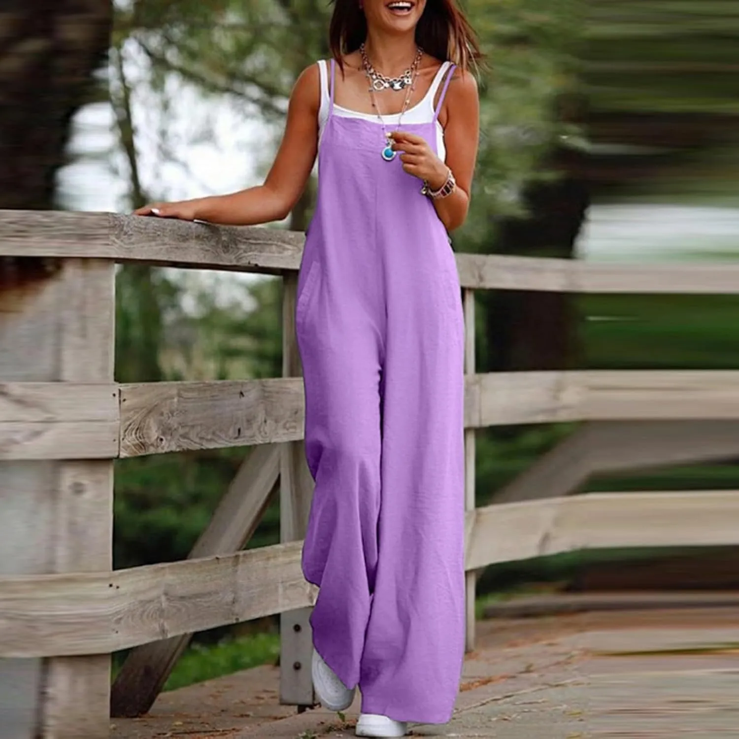 Linen Jumpsuits for Women Casual Comfy Loose Summer Boho Sleeveless Wide Leg Overalls One Piece Outfits with Pockets