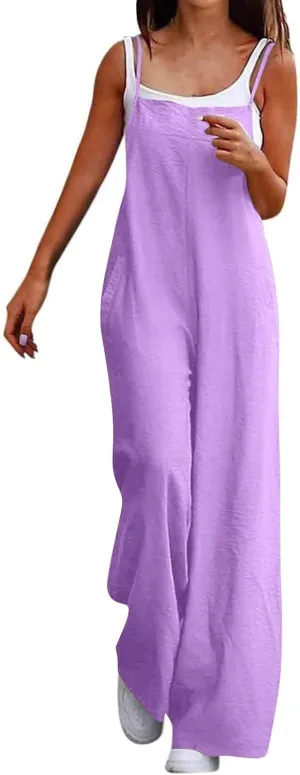 Linen Jumpsuits for Women Casual Comfy Loose Summer Boho Sleeveless Wide Leg Overalls One Piece Outfits with Pockets