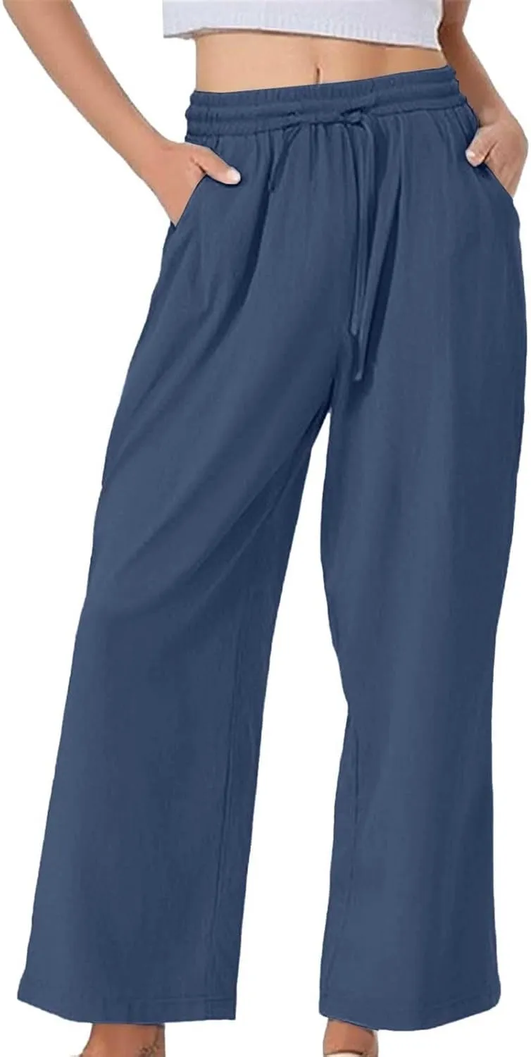 Linen Pants Women Petite Casual Loose Wide Leg Beach Pants 2025 Summer Lightweight Palazzo Drawstring Flowly Trousers