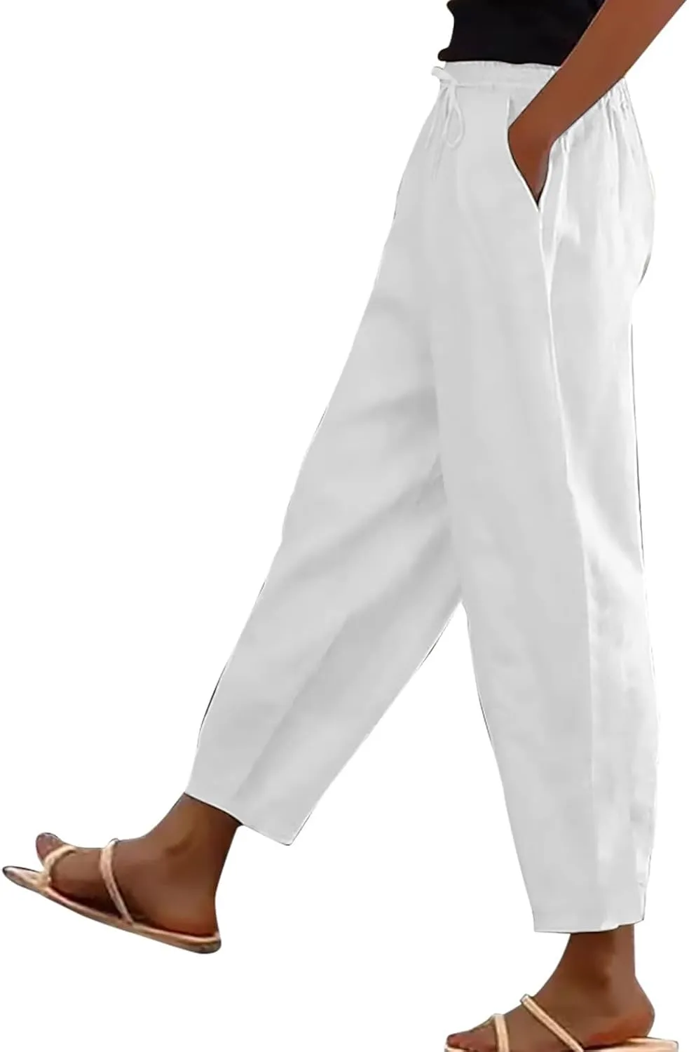 Linen Pants Women Straight Leg Drawstring Casual Trousers Pockets Beach Vacation Lounge Palazzo High Waist Pants