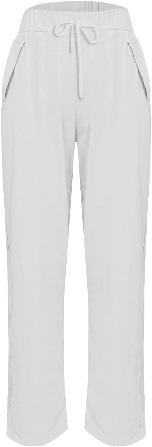 Linen Pants Women Straight Leg Drawstring Casual Trousers Pockets Beach Vacation Lounge Palazzo High Waist Pants