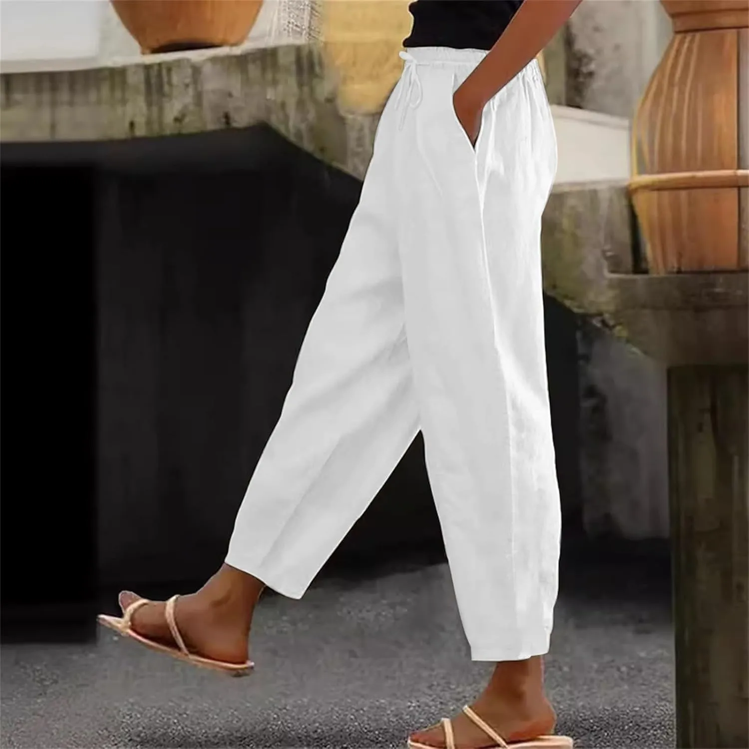 Linen Pants Women Straight Leg Drawstring Casual Trousers Pockets Beach Vacation Lounge Palazzo High Waist Pants