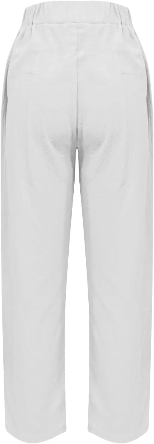 Linen Pants Women Straight Leg Drawstring Casual Trousers Pockets Beach Vacation Lounge Palazzo High Waist Pants