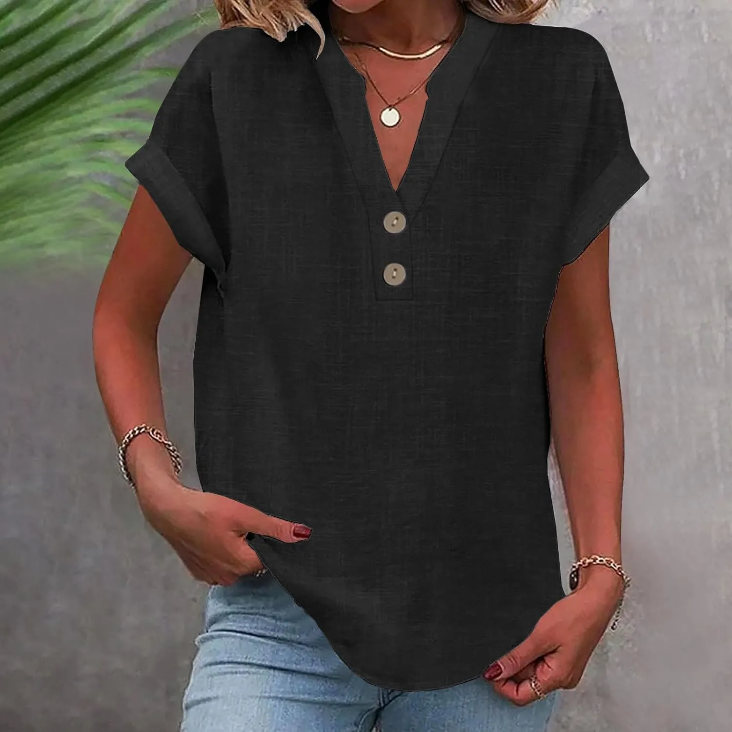 Linen Shirts for Women V Neck Cap Sleeve Summer Tops 2025 Women Casual Button Down Shirts Solid Business Work Blouses