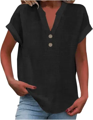 Linen Shirts for Women V Neck Cap Sleeve Summer Tops 2025 Women Casual Button Down Shirts Solid Business Work Blouses