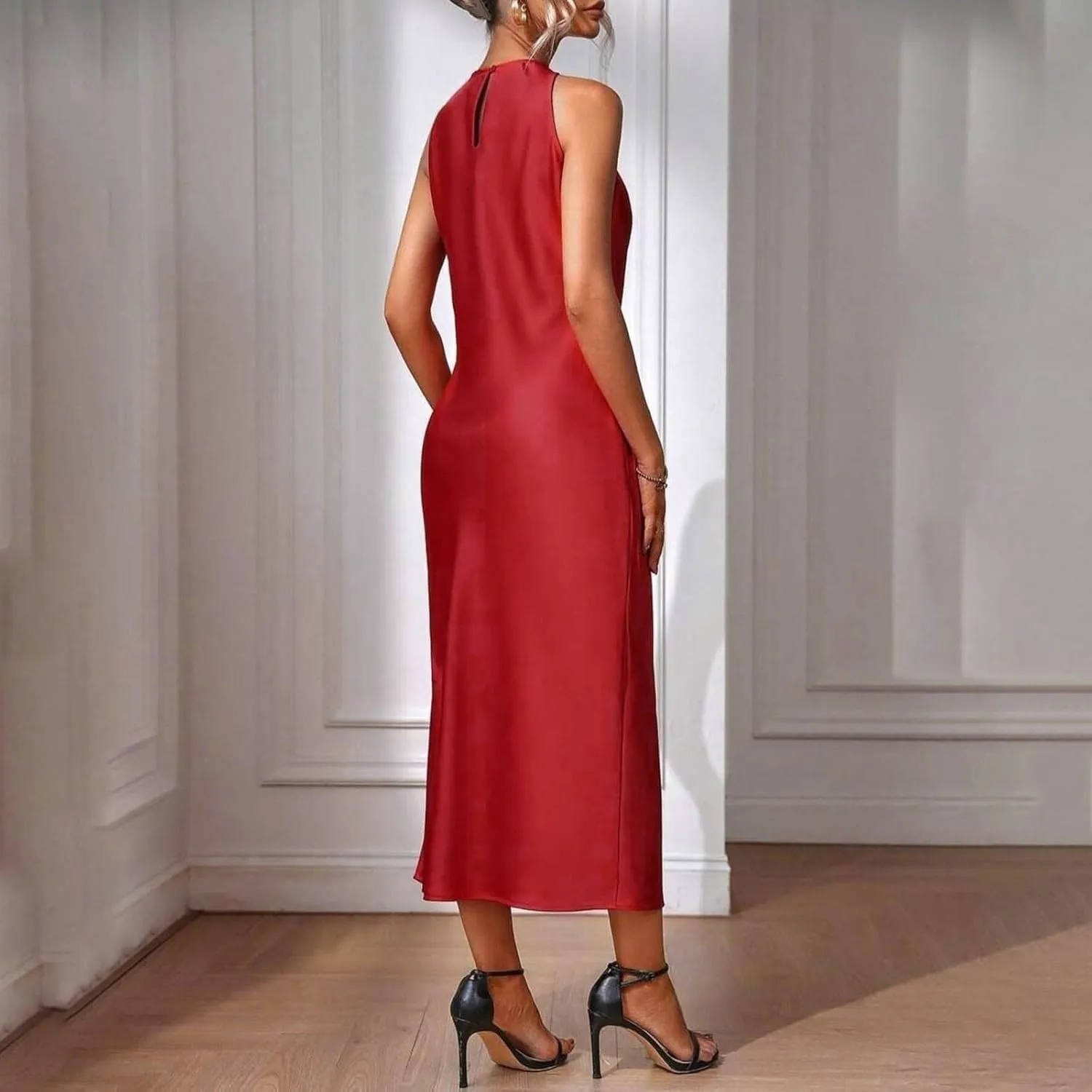 Lmdudan Women's Bodycon Maxi Dresses Satin Lounge Tank Long Dresses Elegant Halter Neck Casual Sleeveless Summer Dress