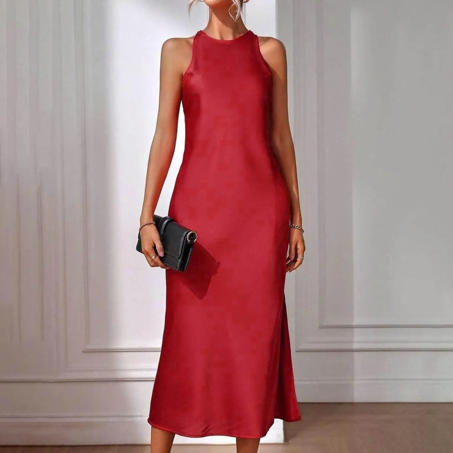 Lmdudan Women's Bodycon Maxi Dresses Satin Lounge Tank Long Dresses Elegant Halter Neck Casual Sleeveless Summer Dress