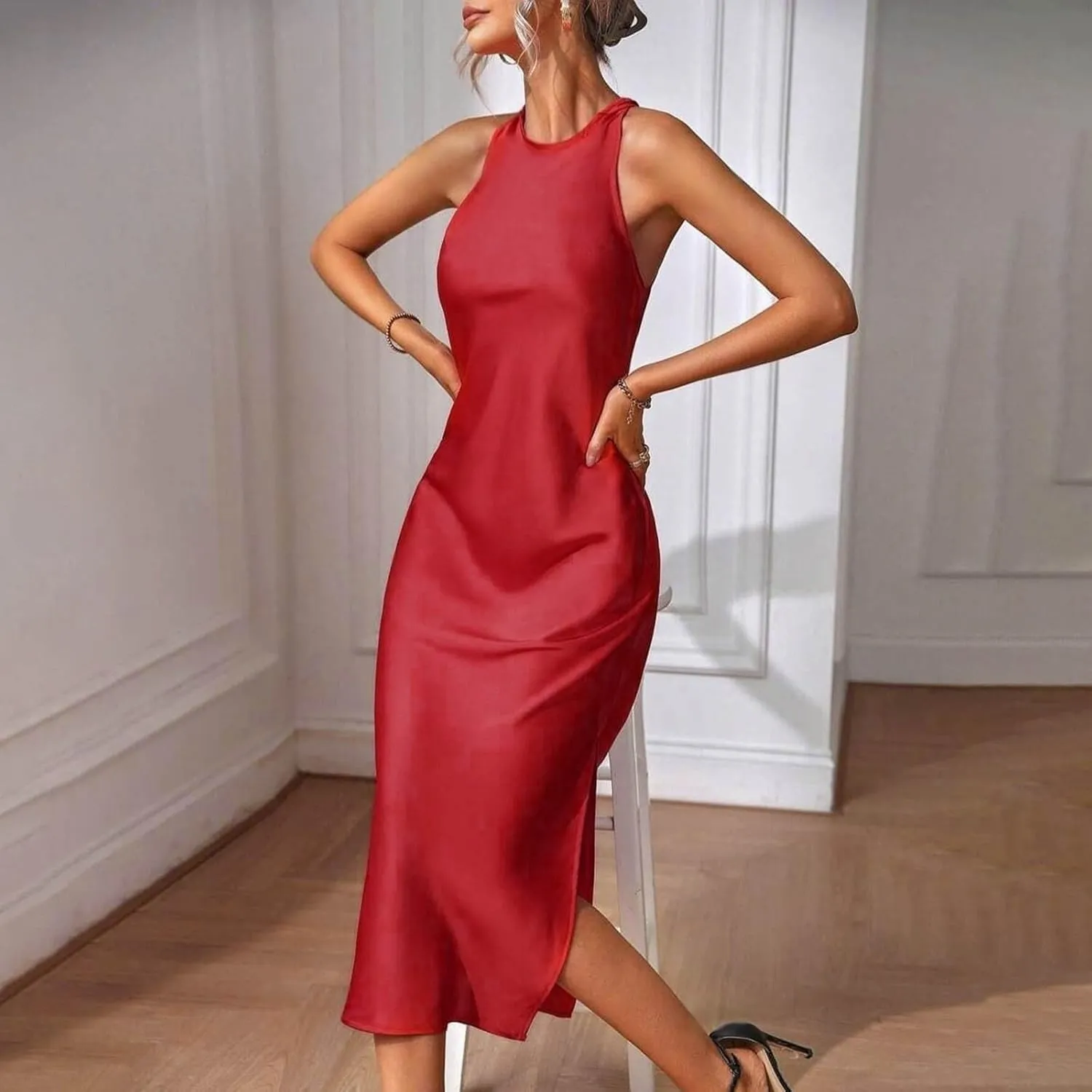 Lmdudan Women's Bodycon Maxi Dresses Satin Lounge Tank Long Dresses Elegant Halter Neck Casual Sleeveless Summer Dress