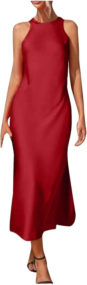 Lmdudan Women's Bodycon Maxi Dresses Satin Lounge Tank Long Dresses Elegant Halter Neck Casual Sleeveless Summer Dress