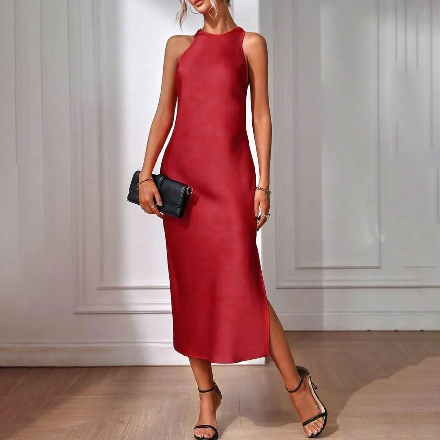 Lmdudan Women's Bodycon Maxi Dresses Satin Lounge Tank Long Dresses Elegant Halter Neck Casual Sleeveless Summer Dress