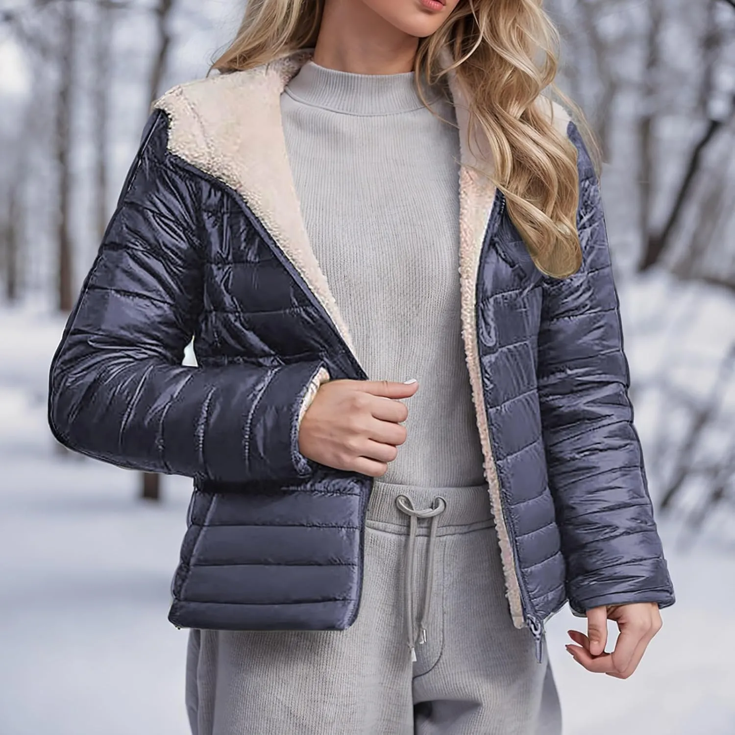 Lmdudan Women's Quilted Winter Coats Hooded Warm Puffer Jacket with Fleece Hood 2024 Lightweight Down Fleece Outerwear