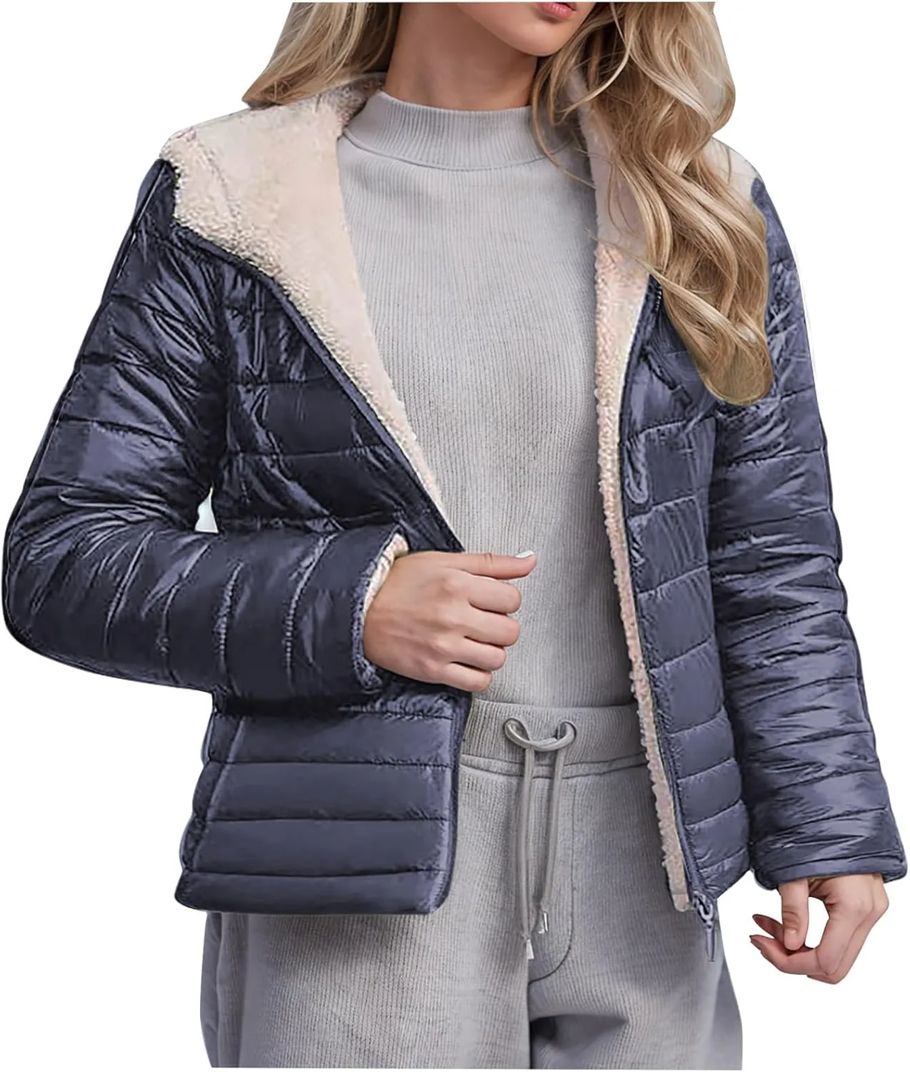 Lmdudan Women's Quilted Winter Coats Hooded Warm Puffer Jacket with Fleece Hood 2024 Lightweight Down Fleece Outerwear