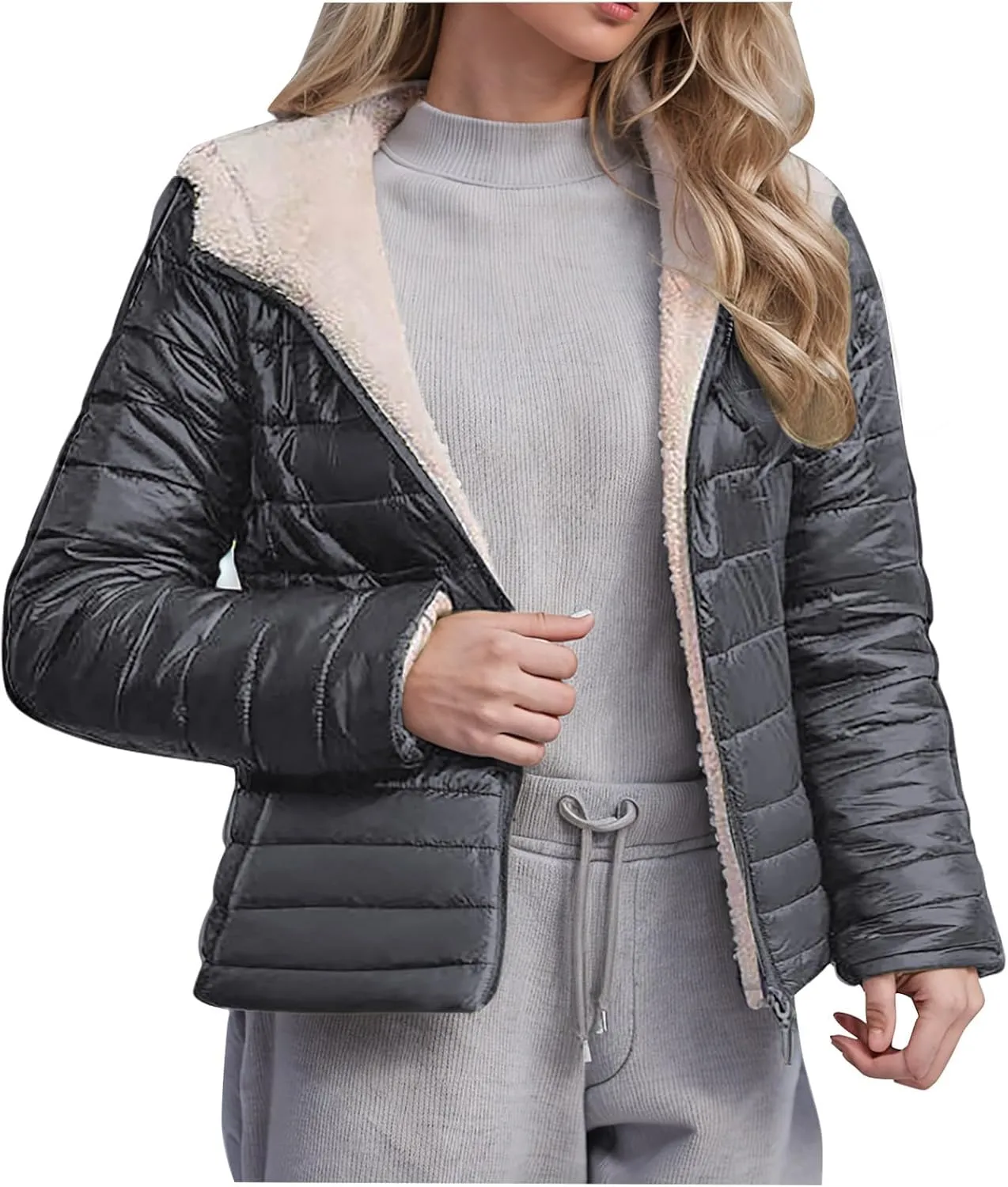 Lmdudan Women's Quilted Winter Coats Hooded Warm Puffer Jacket with Fleece Hood 2024 Lightweight Down Fleece Outerwear