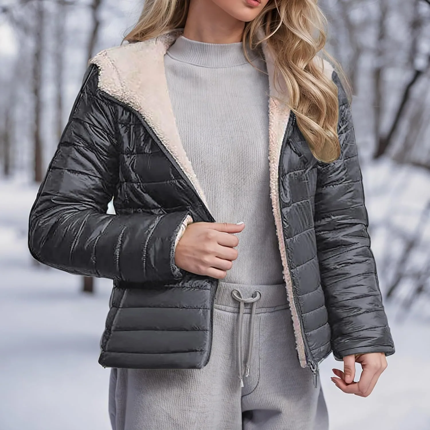 Lmdudan Women's Quilted Winter Coats Hooded Warm Puffer Jacket with Fleece Hood 2024 Lightweight Down Fleece Outerwear
