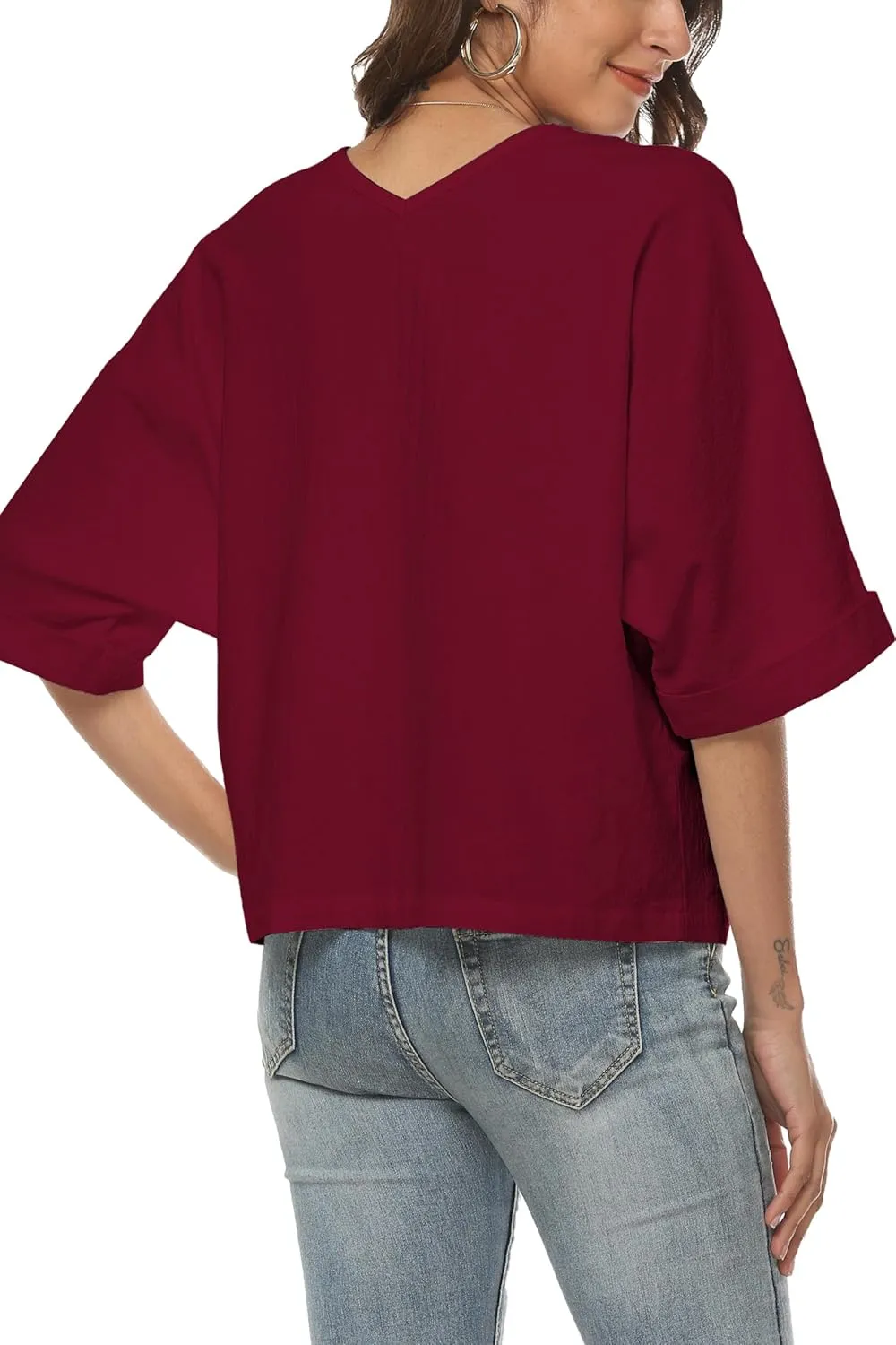 LNX Womens V Neck Button Down Linen Shirts Short Sleeve Casual Blouses Summer Tops