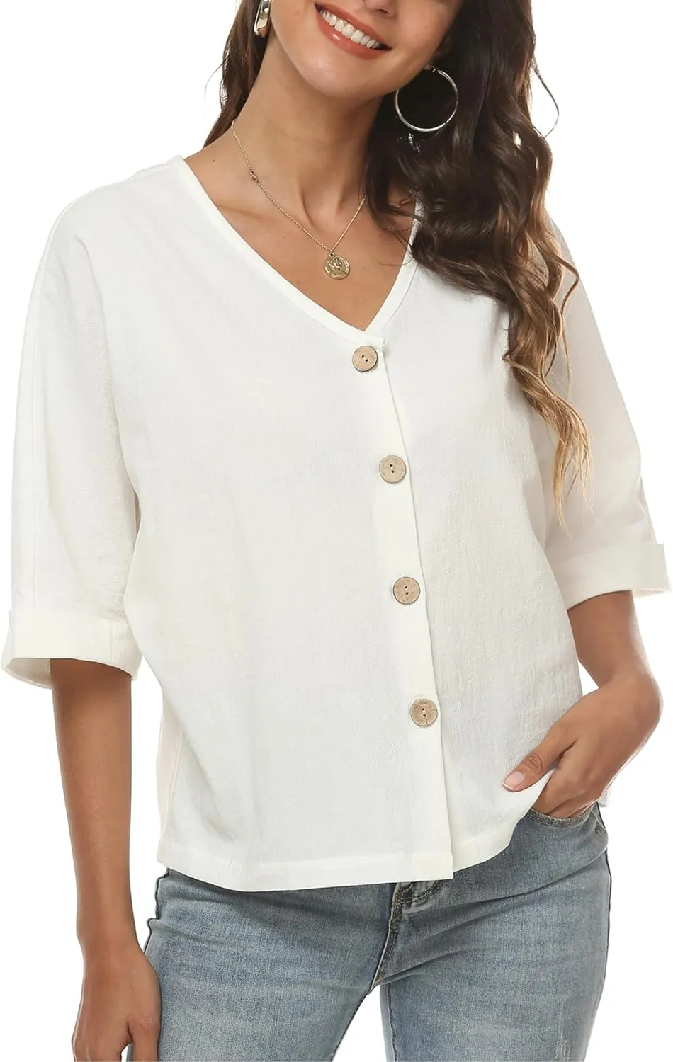 LNX Womens V Neck Button Down Linen Shirts Short Sleeve Casual Blouses Summer Tops