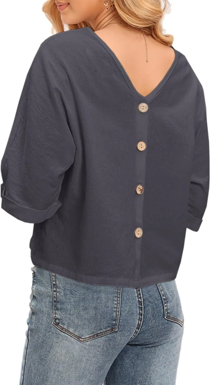 LNX Womens V Neck Button Down Linen Shirts Short Sleeve Casual Blouses Summer Tops