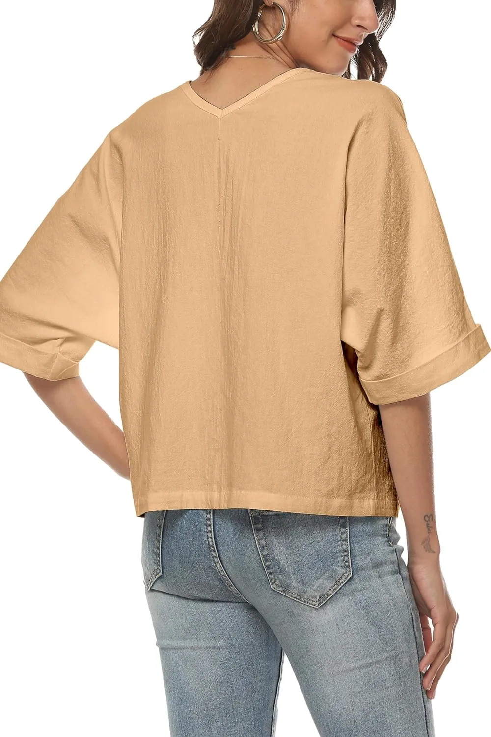 LNX Womens V Neck Button Down Linen Shirts Short Sleeve Casual Blouses Summer Tops