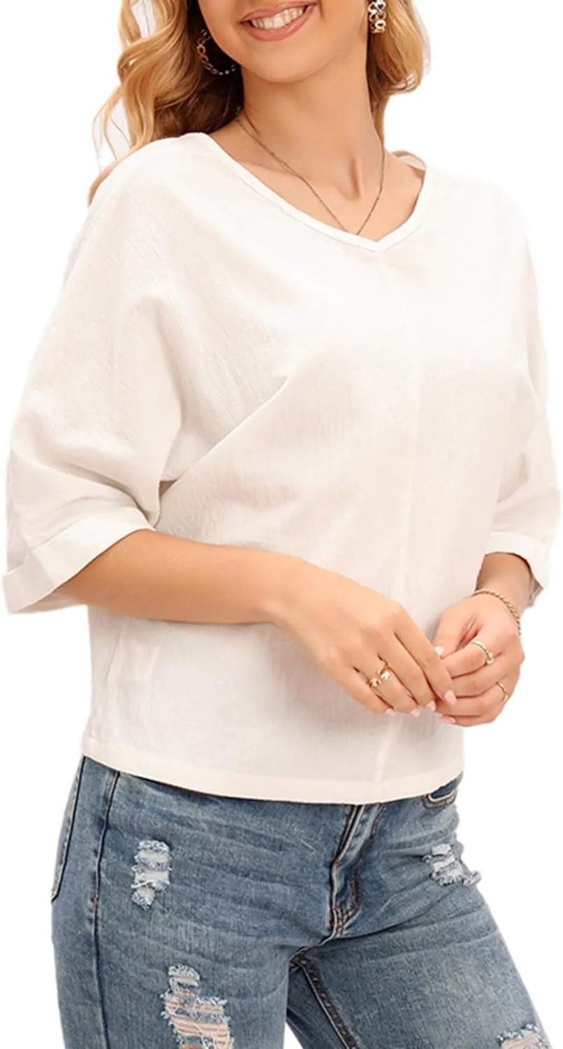 LNX Womens V Neck Button Down Linen Shirts Short Sleeve Casual Blouses Summer Tops