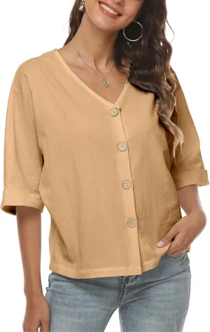 LNX Womens V Neck Button Down Linen Shirts Short Sleeve Casual Blouses Summer Tops