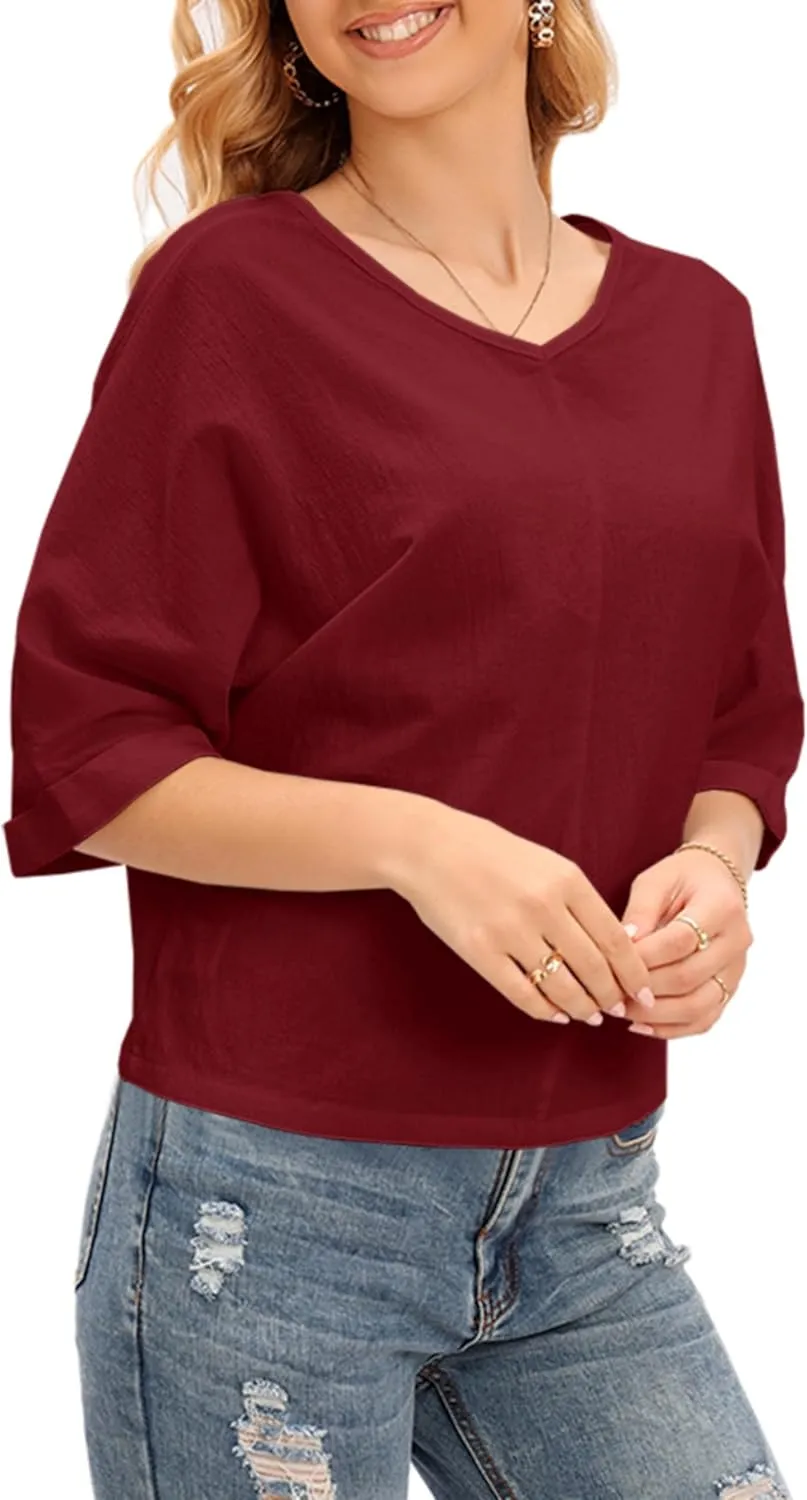 LNX Womens V Neck Button Down Linen Shirts Short Sleeve Casual Blouses Summer Tops