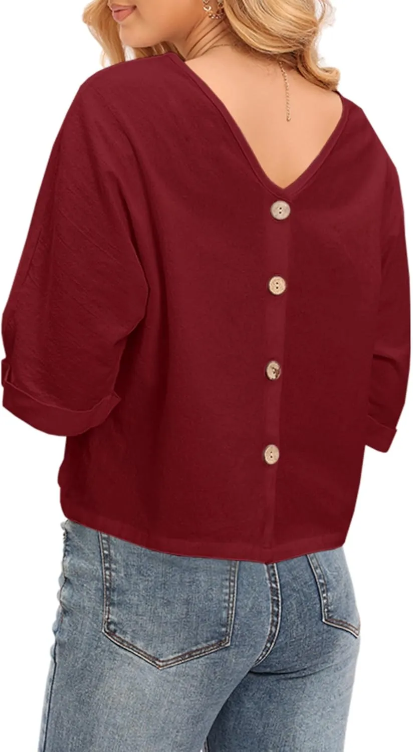LNX Womens V Neck Button Down Linen Shirts Short Sleeve Casual Blouses Summer Tops