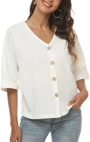 LNX Womens V Neck Button Down Linen Shirts Short Sleeve Casual Blouses Summer Tops