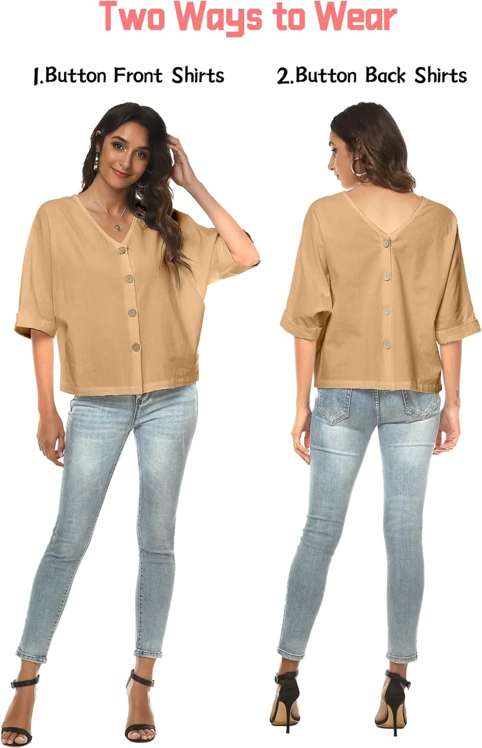 LNX Womens V Neck Button Down Linen Shirts Short Sleeve Casual Blouses Summer Tops