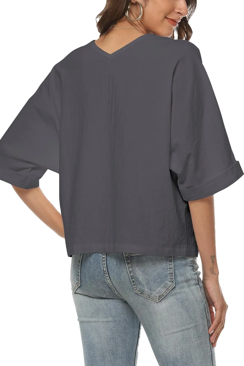 LNX Womens V Neck Button Down Linen Shirts Short Sleeve Casual Blouses Summer Tops