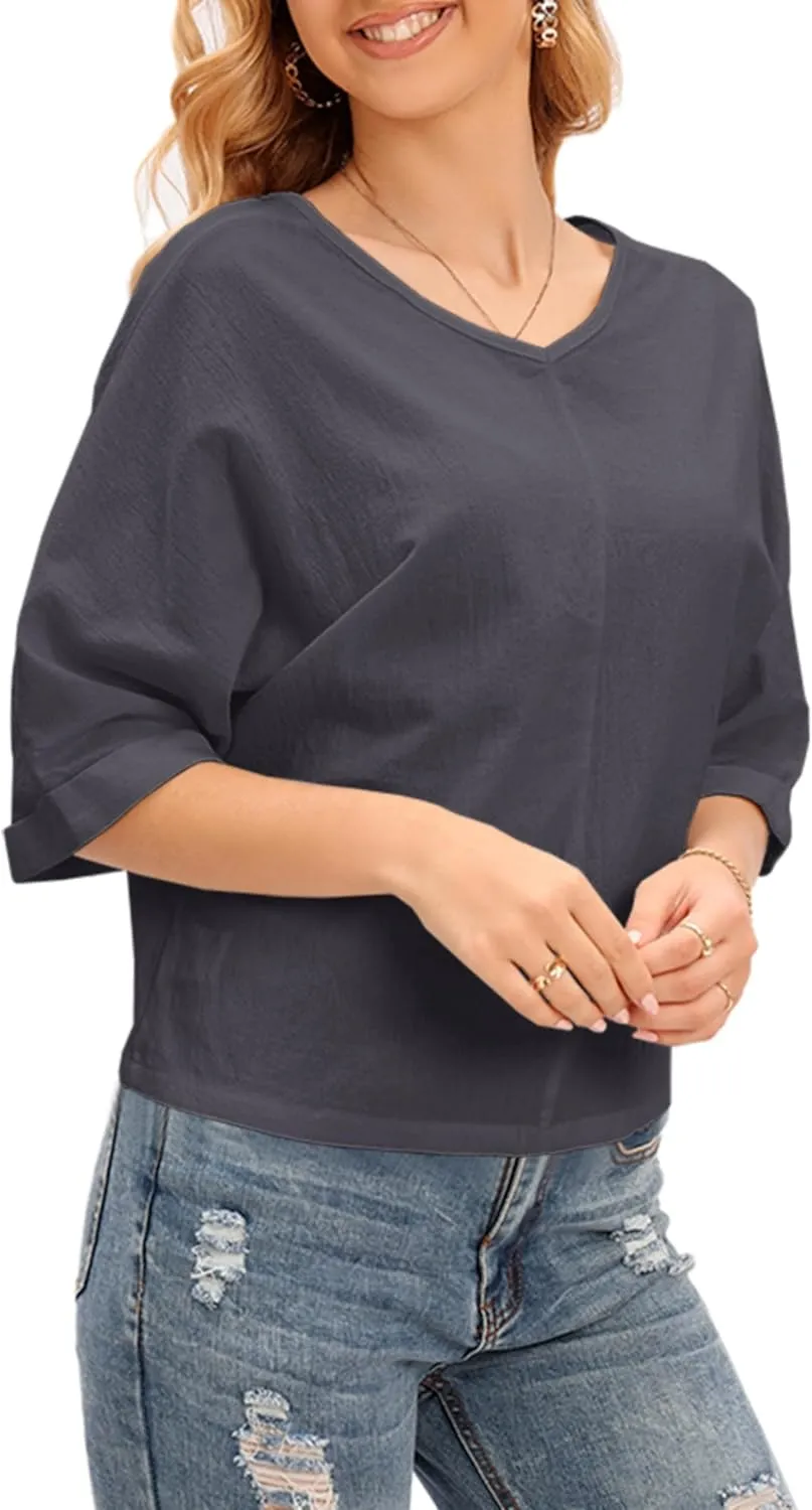 LNX Womens V Neck Button Down Linen Shirts Short Sleeve Casual Blouses Summer Tops