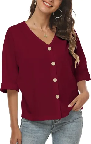 LNX Womens V Neck Button Down Linen Shirts Short Sleeve Casual Blouses Summer Tops