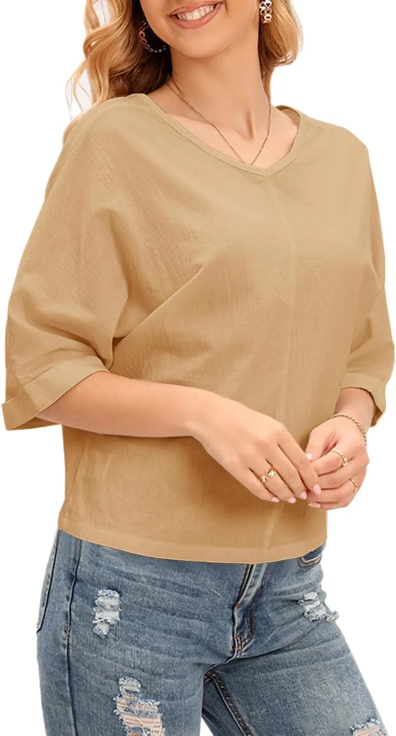 LNX Womens V Neck Button Down Linen Shirts Short Sleeve Casual Blouses Summer Tops