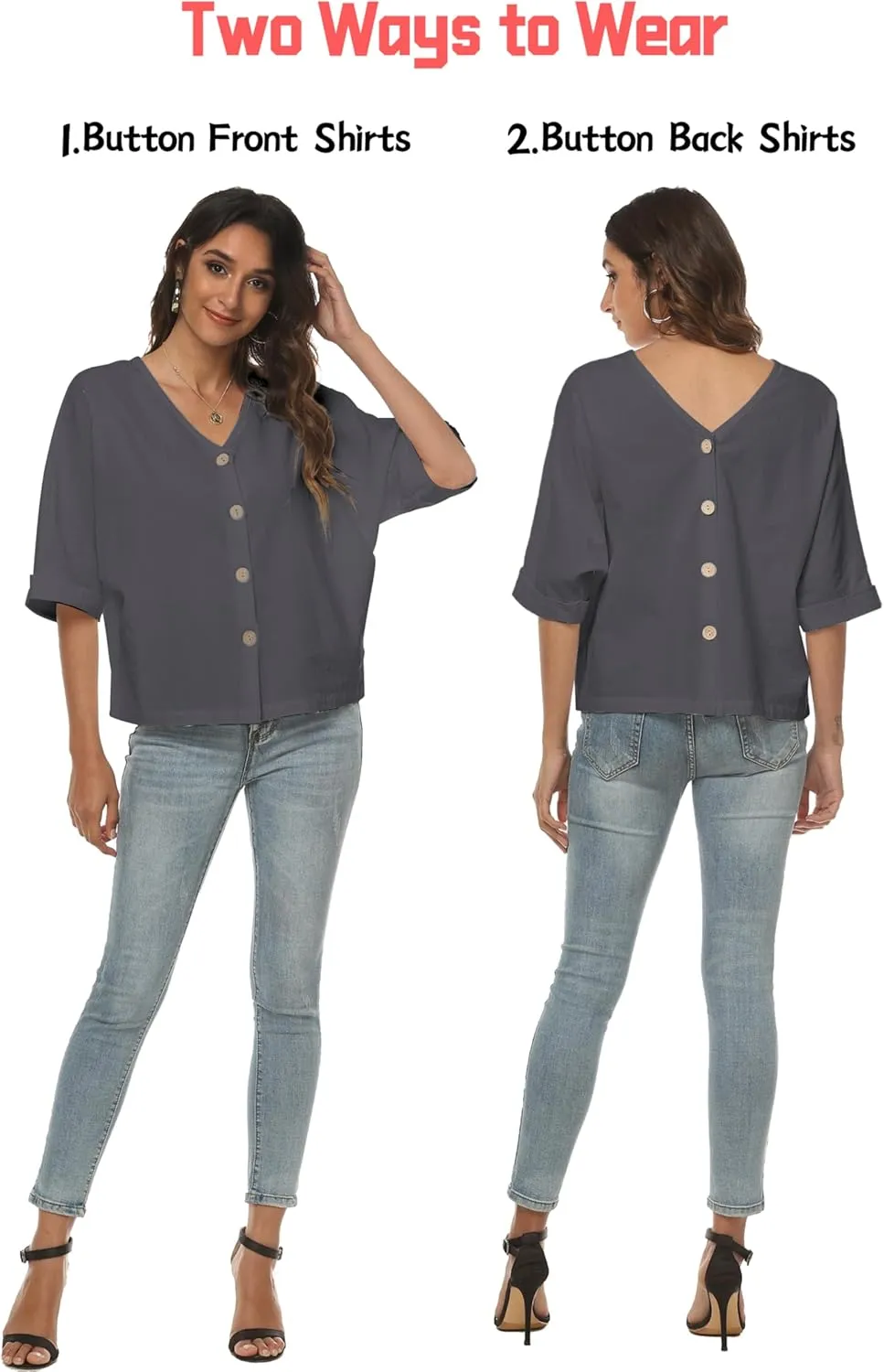 LNX Womens V Neck Button Down Linen Shirts Short Sleeve Casual Blouses Summer Tops