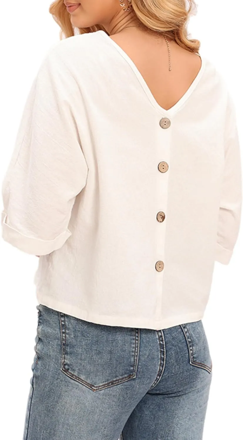LNX Womens V Neck Button Down Linen Shirts Short Sleeve Casual Blouses Summer Tops